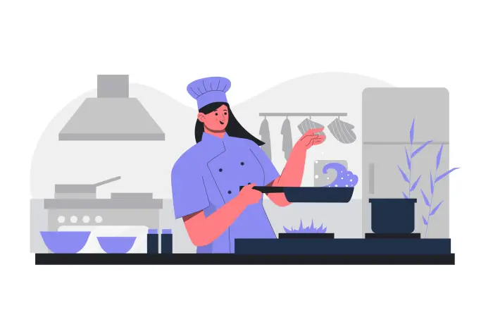 Female Chef Cooking Food in Kitchen Flat 2D Character Illustration image